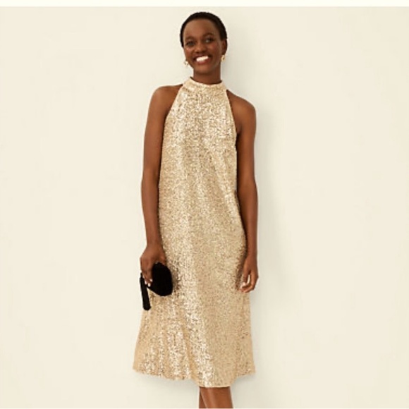 New-Ann Taylor Gold Sequin Midi Dress - Picture 3 of 7